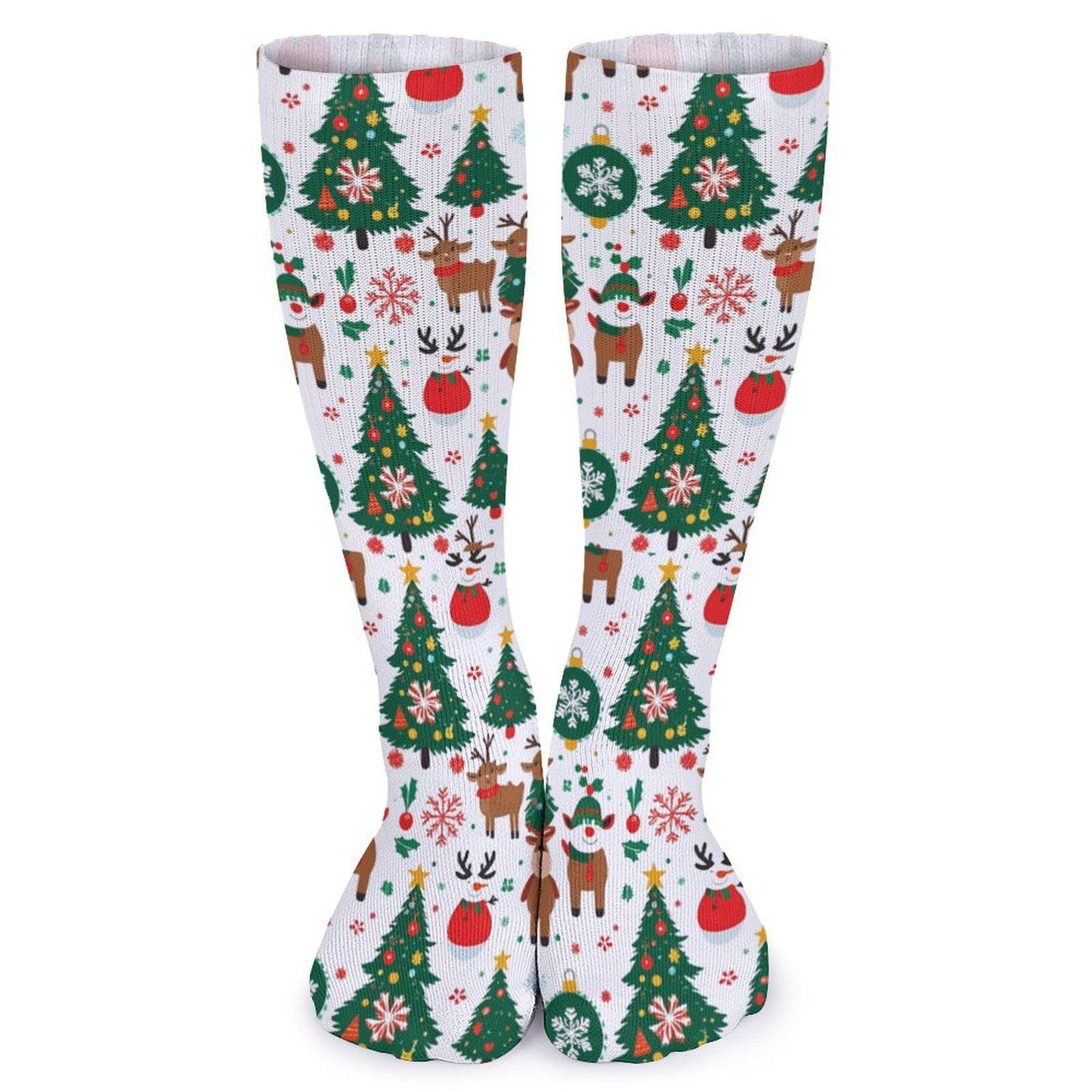Chaussettes montantes blanches Noël | Rennes, sapins et boules | Respirantes & stretch | Mode inclusive Big Smiles