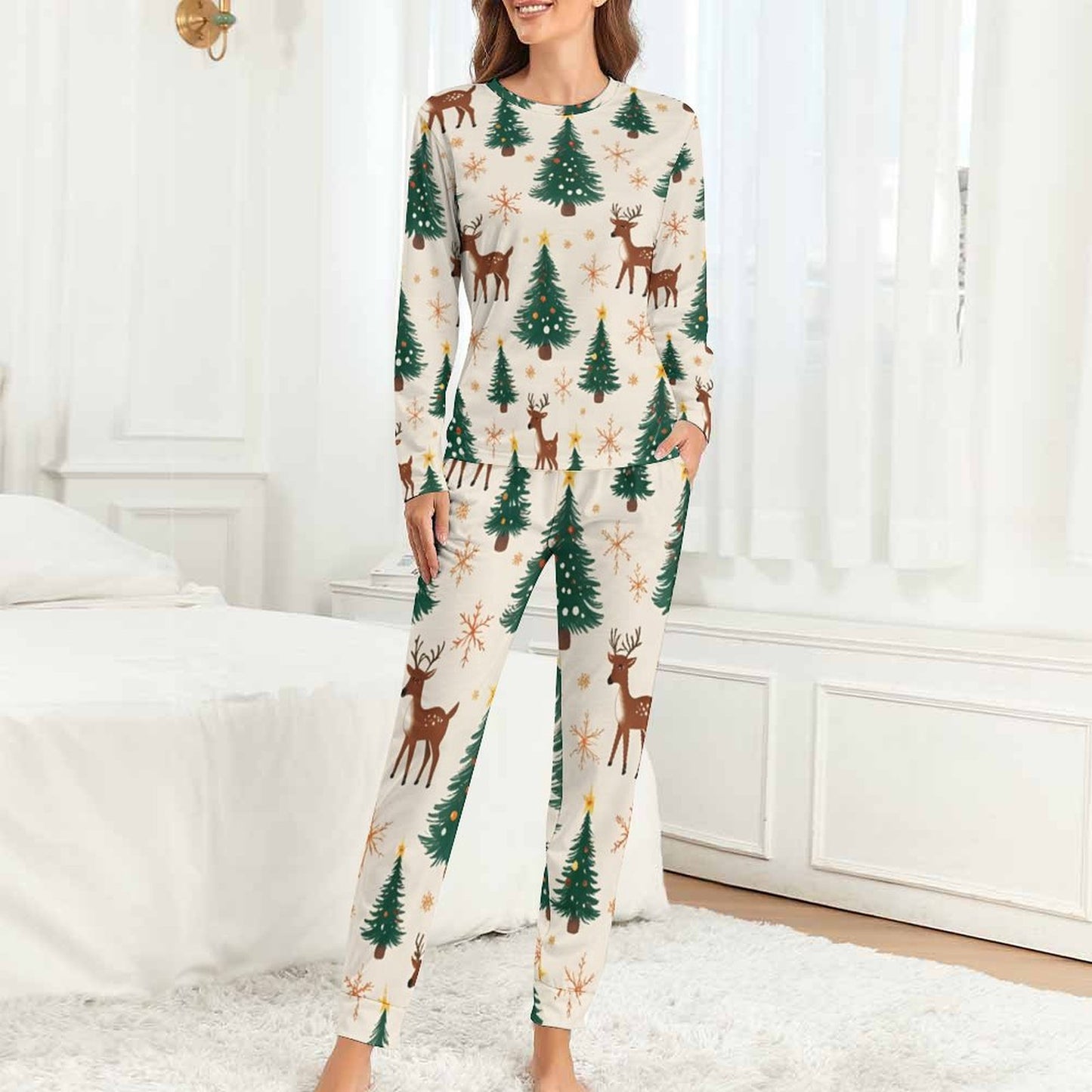 Pyjama de Noël femme 2 pièces | XS–6XL | Doux, stretch, poches | Rennes & sapins | Big Smiles