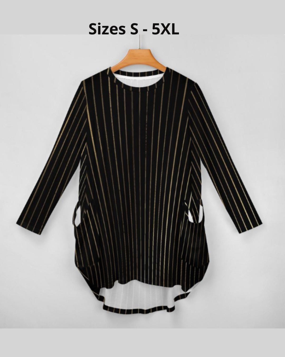 tailles S - 5XL Robe ample manches longues avec poches | noir à fines rayures dorées | imprimé intégral