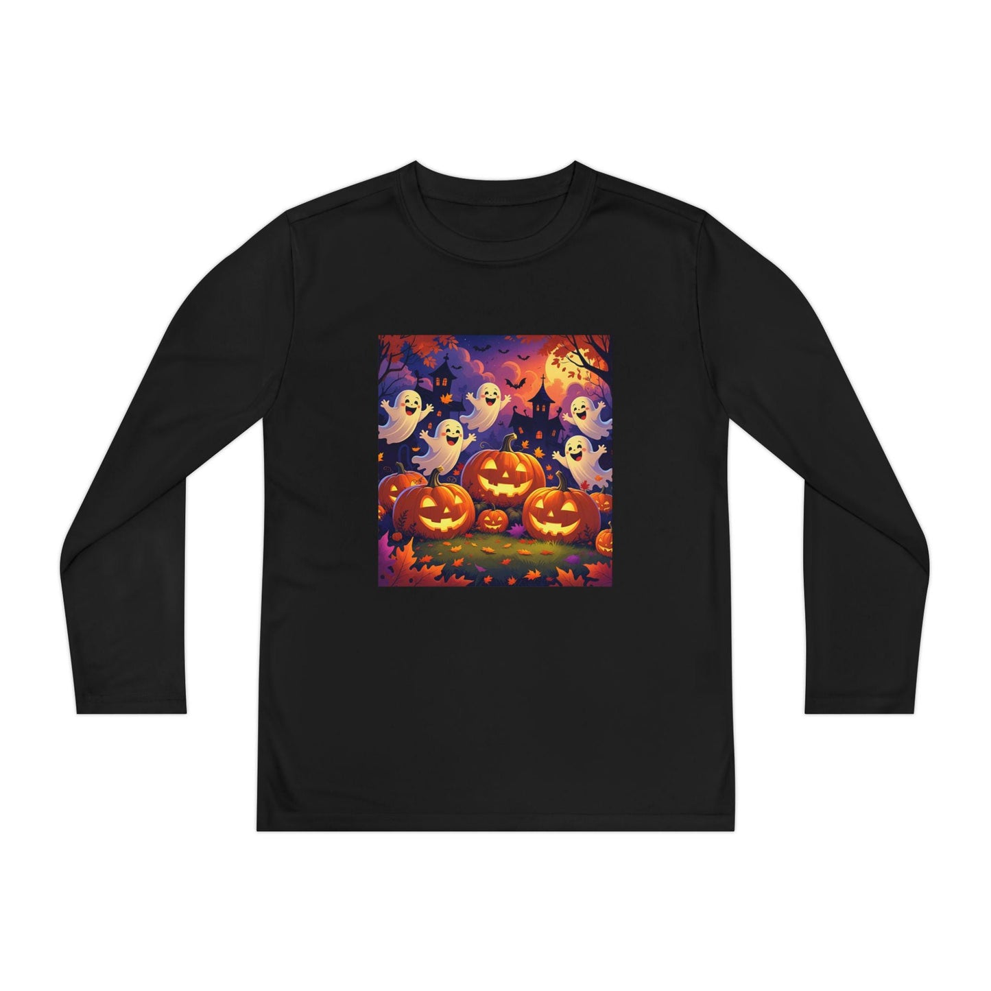 T-shirt pour les jeunes Halloween manches longues performance, fantômes & citrouilles