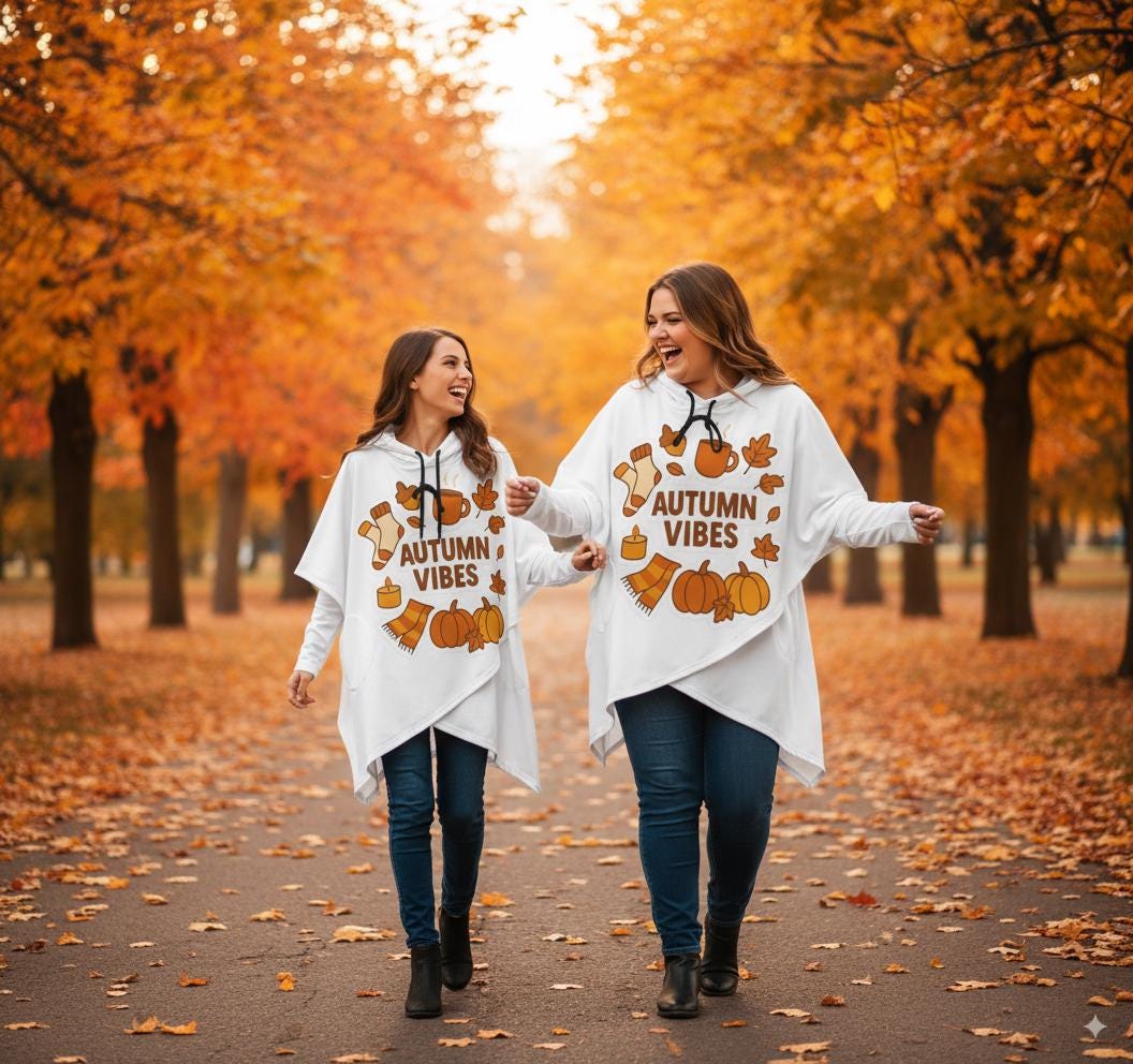 Tallas S - 5XL Poncho blanco Autumn Vibes, sudadera con capucha de manga larga para mujer, dobladillo irregular, estilo casual de otoño,
