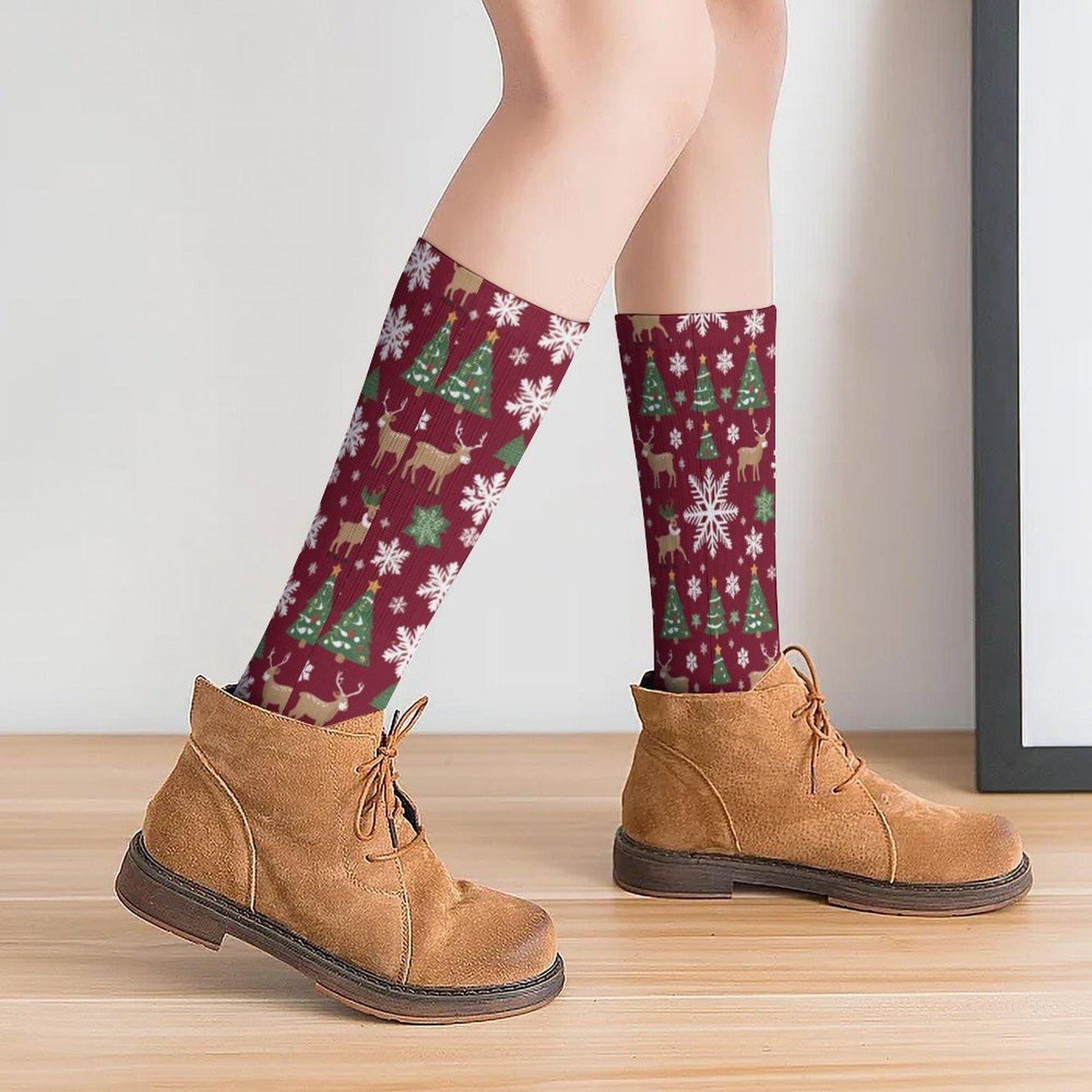 Chaussettes montantes bordeaux Noël | Rennes, flocons et sapins | Respirantes & stretch | Mode inclusive Big Smiles