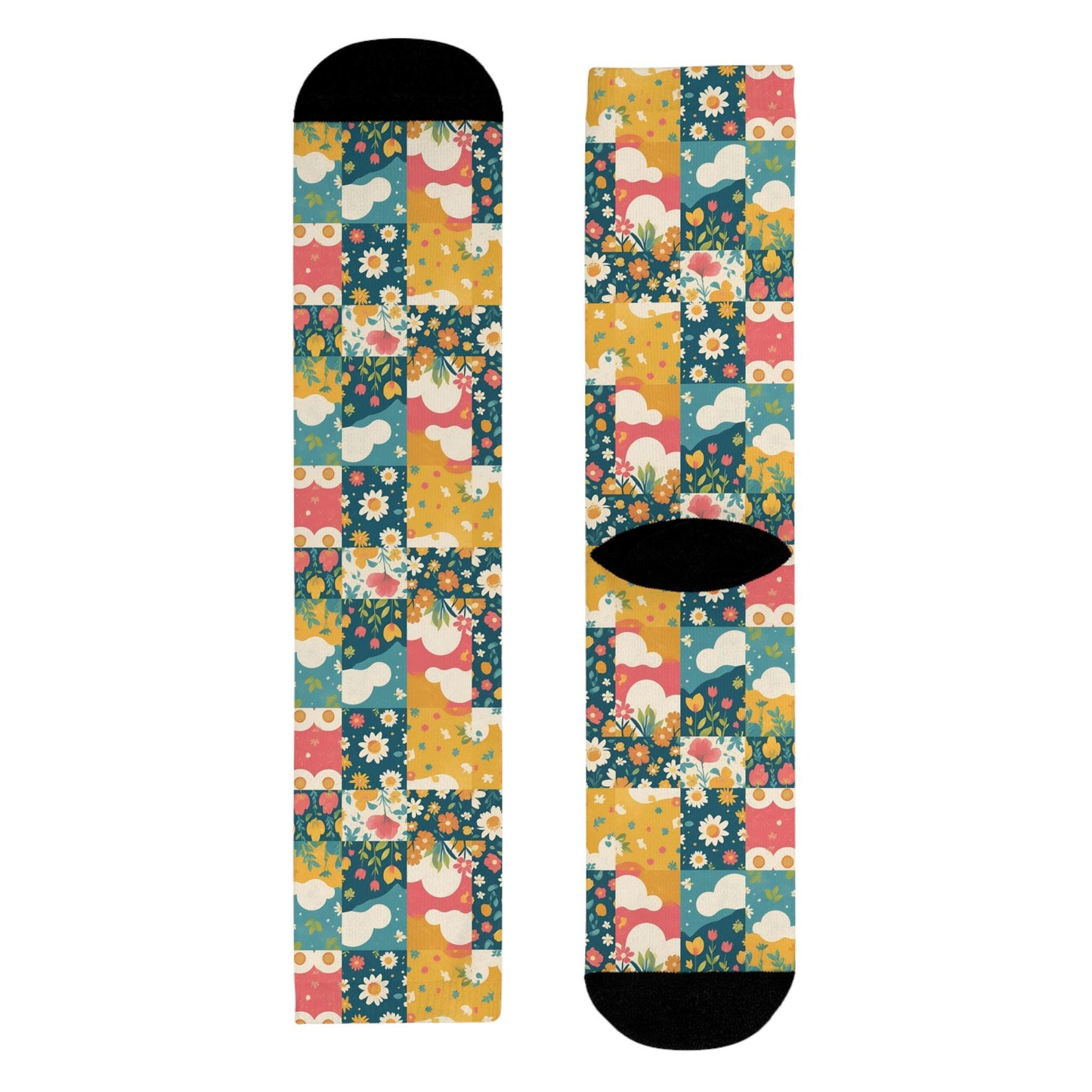 Chaussettes « Floral Patchwork » – crew sublimées, motif fleuri rétro, confort cosy