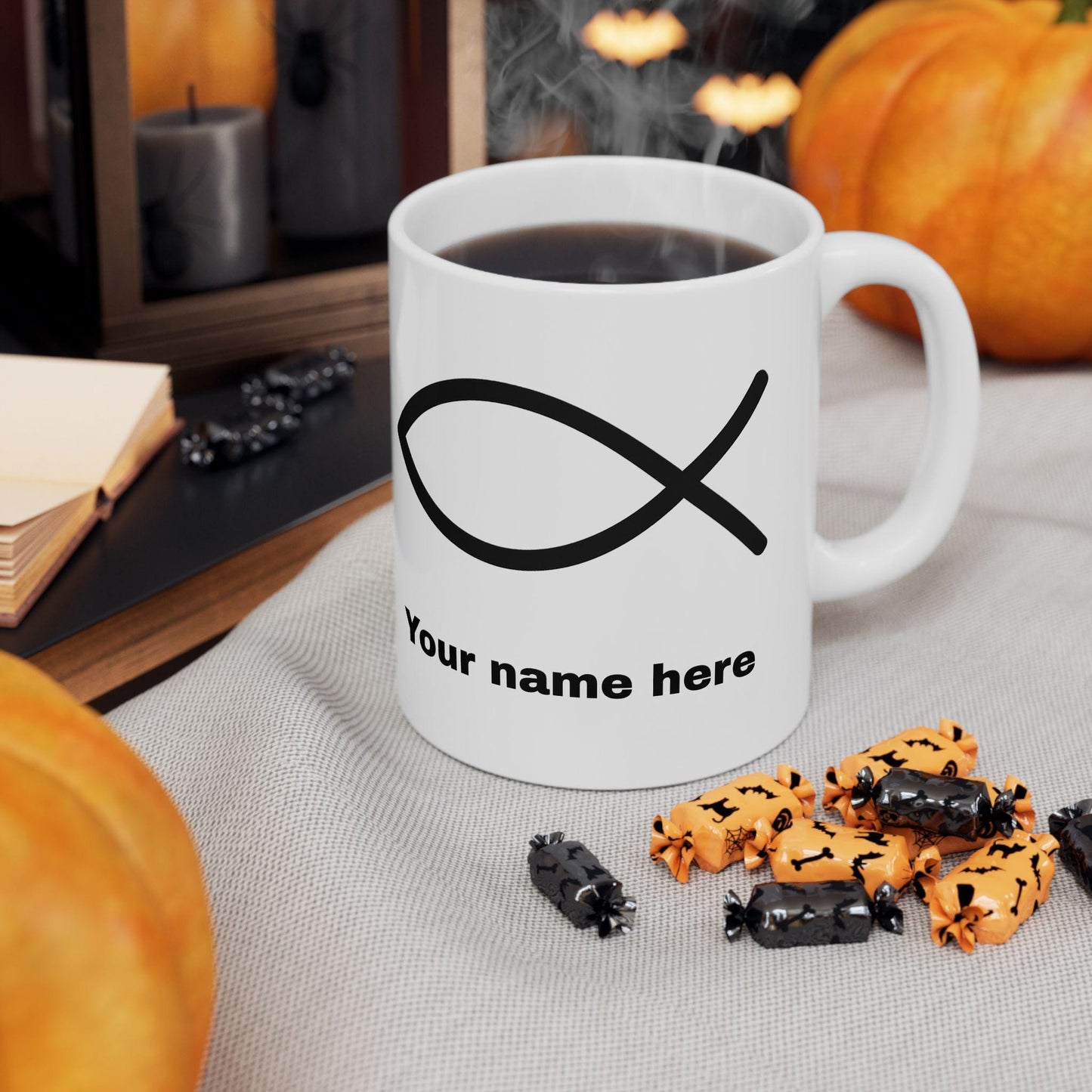 Mug chrétien personnalisable Ichthys – céramique brillante, 11oz/15oz, micro-ondes & lave-vaisselle