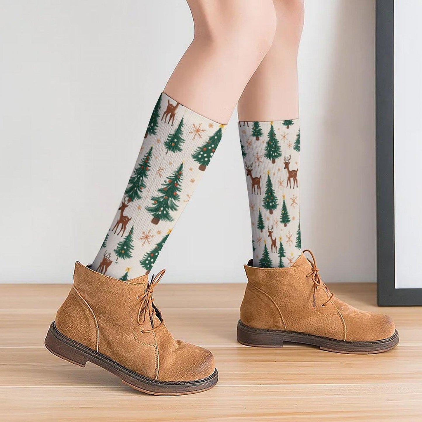 Chaussettes montantes crème Noël | Rennes, sapins et flocons | Respirantes & stretch | Mode inclusive Big Smiles
