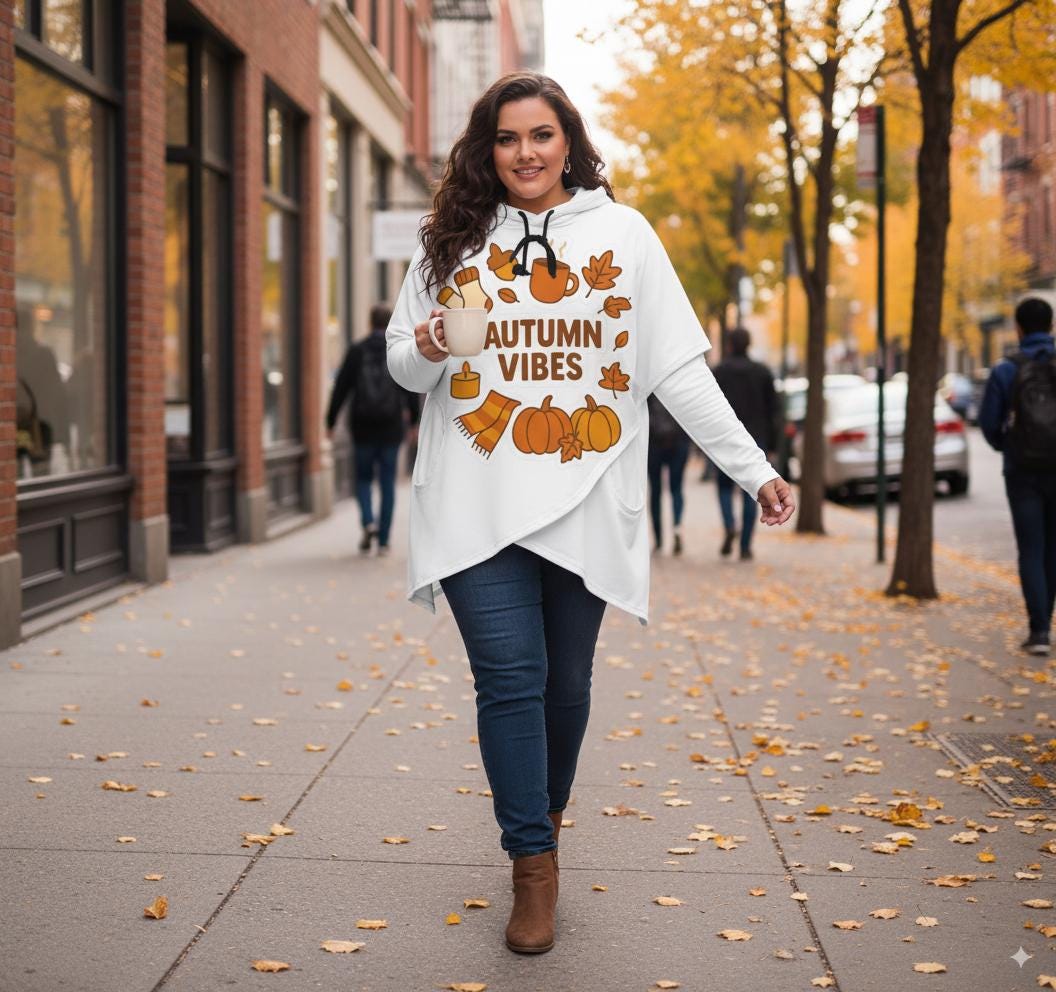 Tallas S - 5XL Poncho blanco Autumn Vibes, sudadera con capucha de manga larga para mujer, dobladillo irregular, estilo casual de otoño,