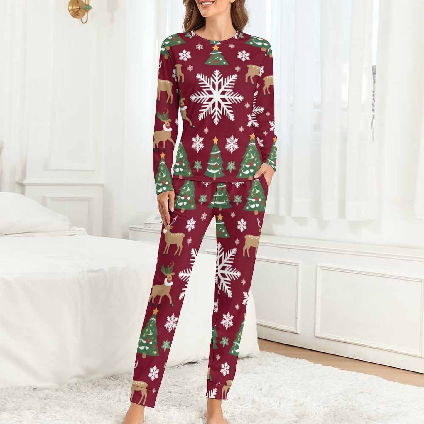 Pyjama de Noël femme 2 pièces | XS–6XL | Bordeaux | Doux, stretch, poches | Big Smiles