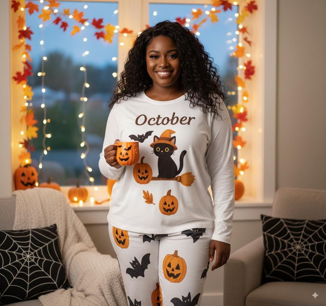 tailles XS - 6XL Pyjama femme octobre Halloween, ensemble deux pièces, pyjama cosy chat noir et citrouilles,