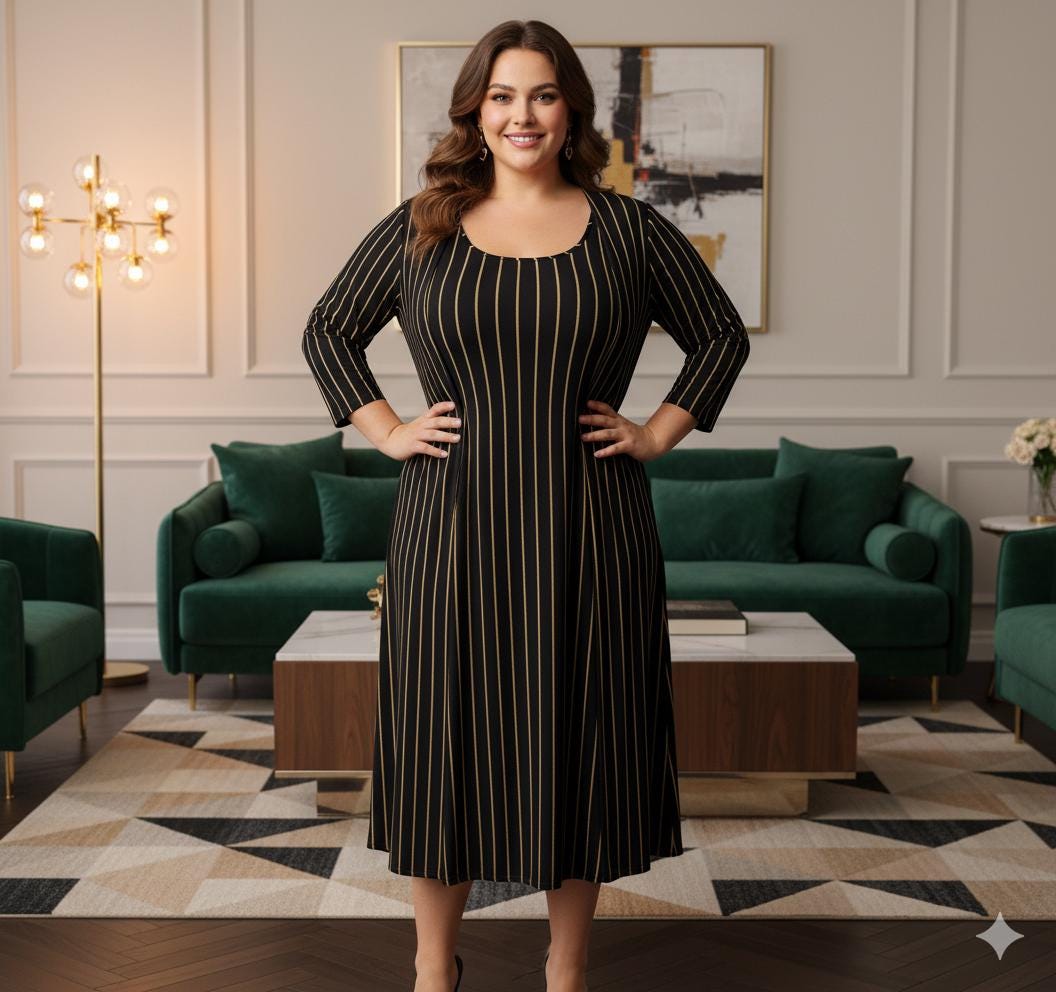 Tailles S - 5XL |Ensemble robe & cardigan long | noir à fines rayures dorées | invitée, cocktail, vacances