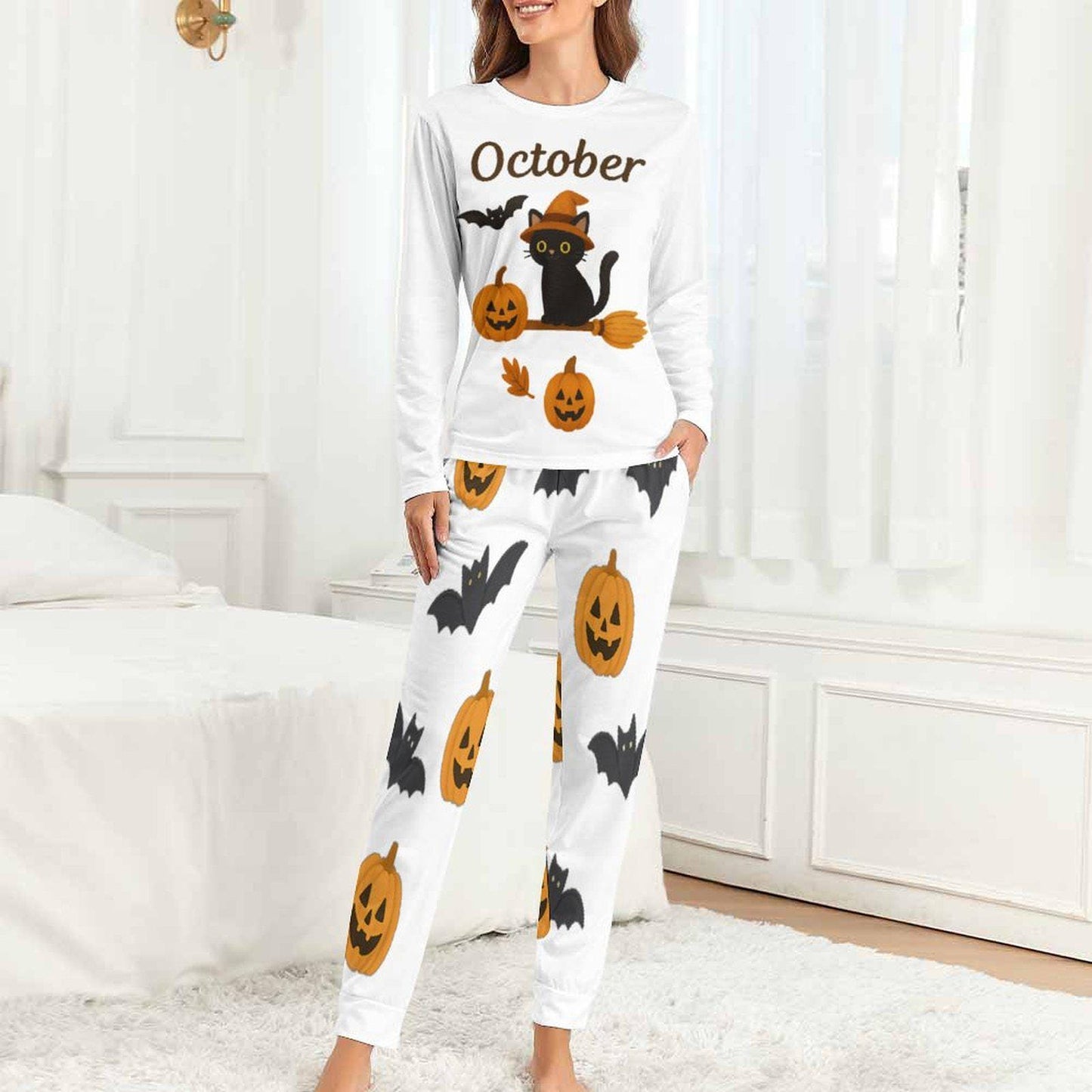 tailles XS - 6XL Pyjama femme octobre Halloween, ensemble deux pièces, pyjama cosy chat noir et citrouilles,