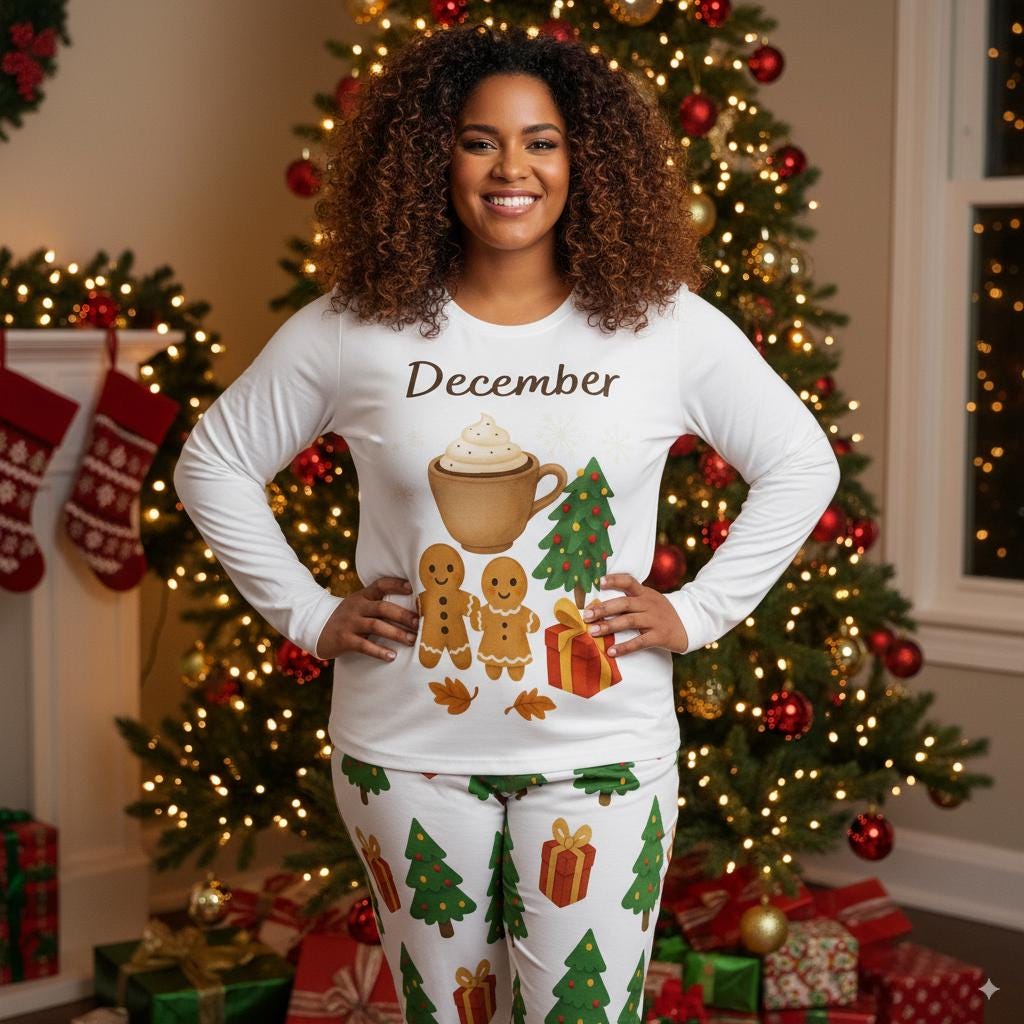 Pyjama de Noël femme décembre, ensemble 2 pièces, pain d’épices, sapin et cadeau Tailles XS–6XL