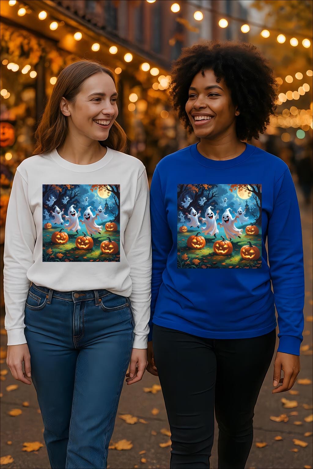 Tailles S–5XL T-shirt Halloween Fantômes & Citrouilles – Manches Longues Unisexe