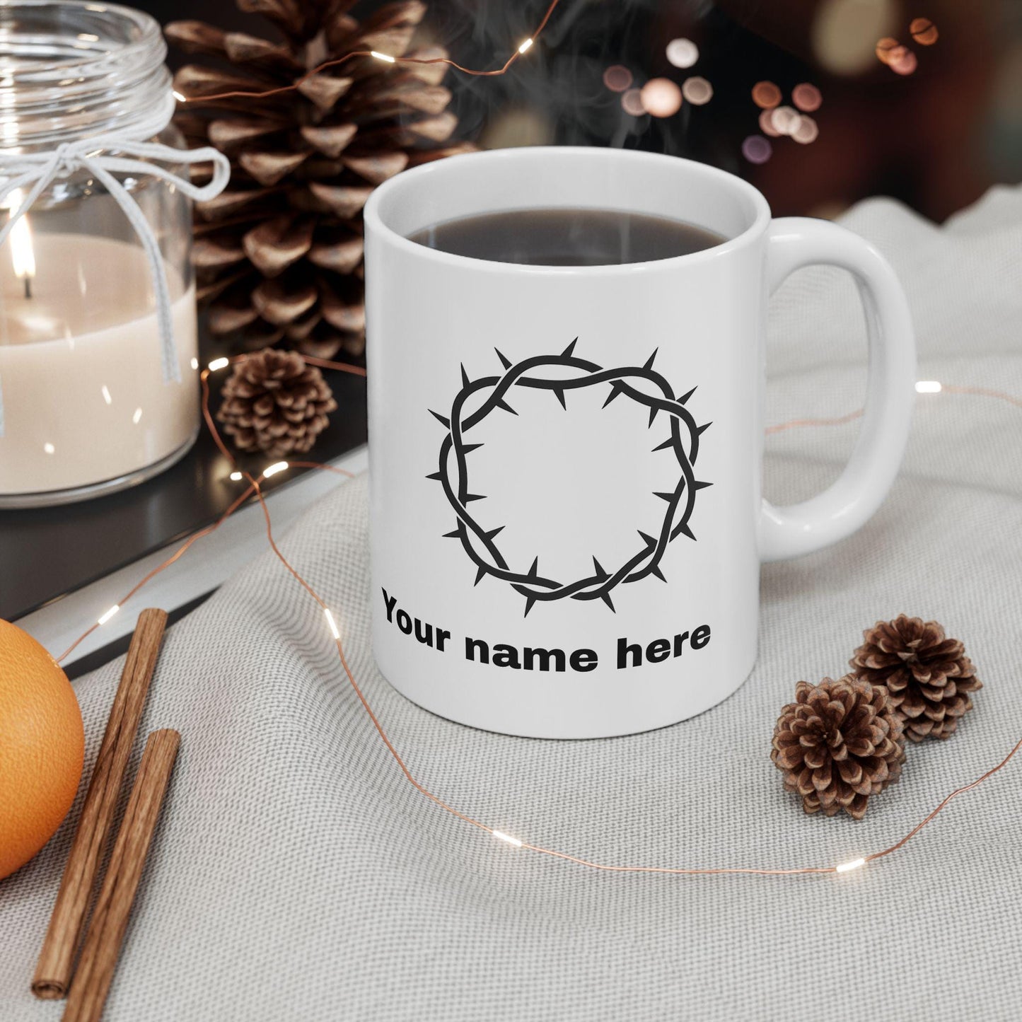 Mug chrétien personnalisable – Couronne d’Épines, céramique brillante 11oz/15oz, micro-ondes & lave-vaisselle