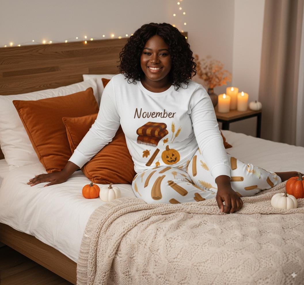 tailles XS - 6XL Pyjama femme novembre automne, ensemble deux pièces, pyjama cosy avec cannelle et citrouille,