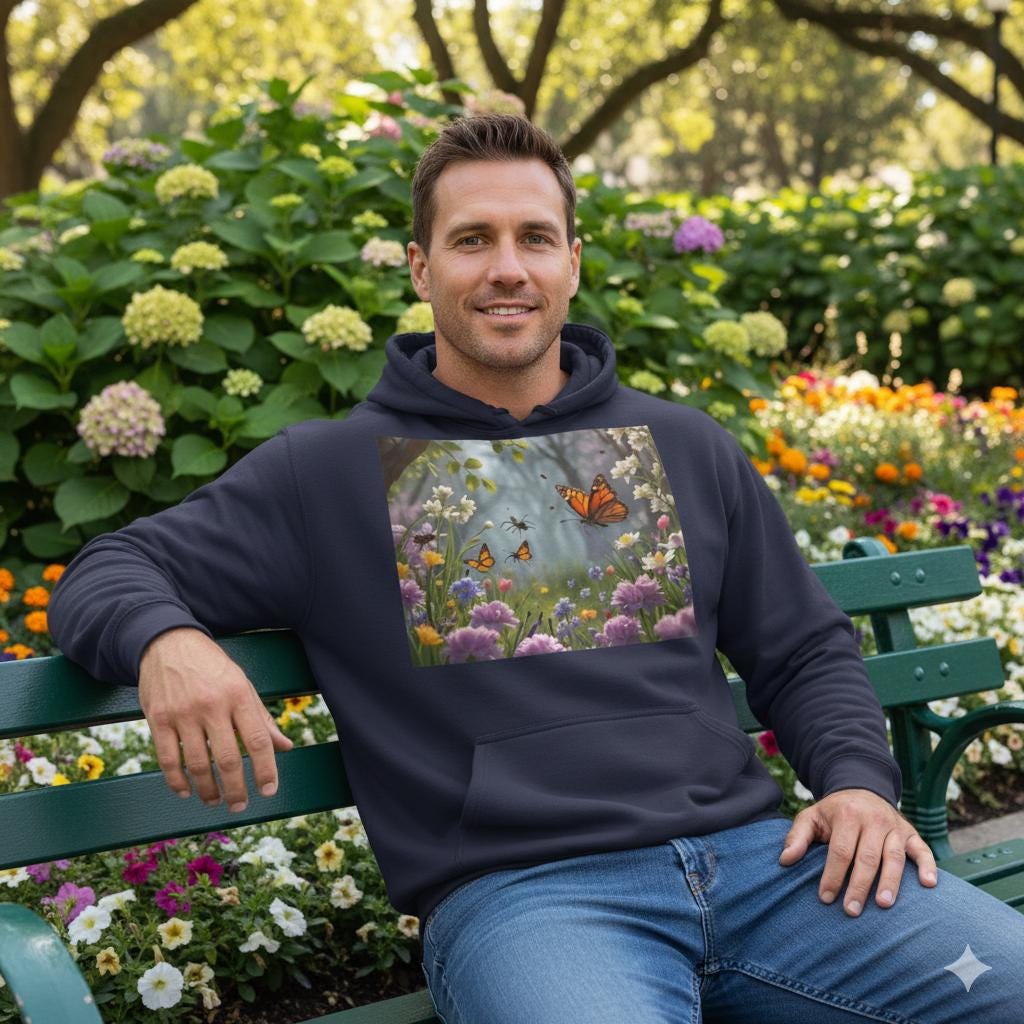Sudadera unisex con diseño de mariposas y jardín, tallas XS a 5XL | Sudadera con estampado floral botánico para campus | Top con estética primaveral | Regalo de graduación |