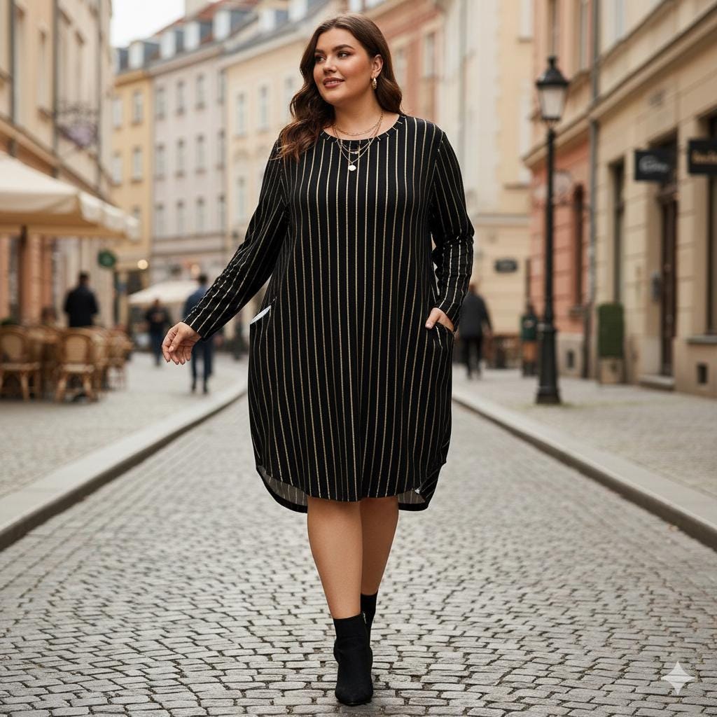 tailles S - 5XL Robe ample manches longues avec poches | noir à fines rayures dorées | imprimé intégral