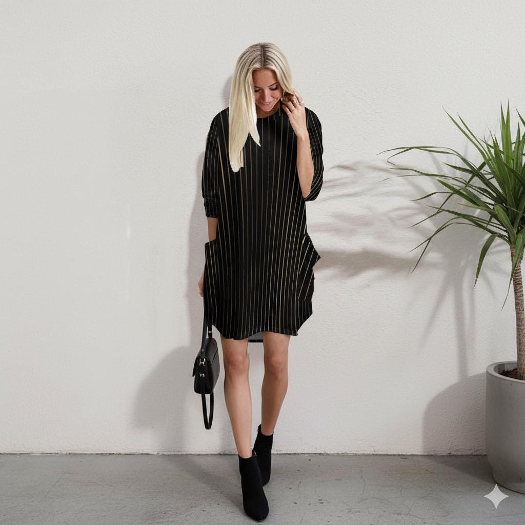 tailles S - 5XL Robe ample manches longues avec poches | noir à fines rayures dorées | imprimé intégral