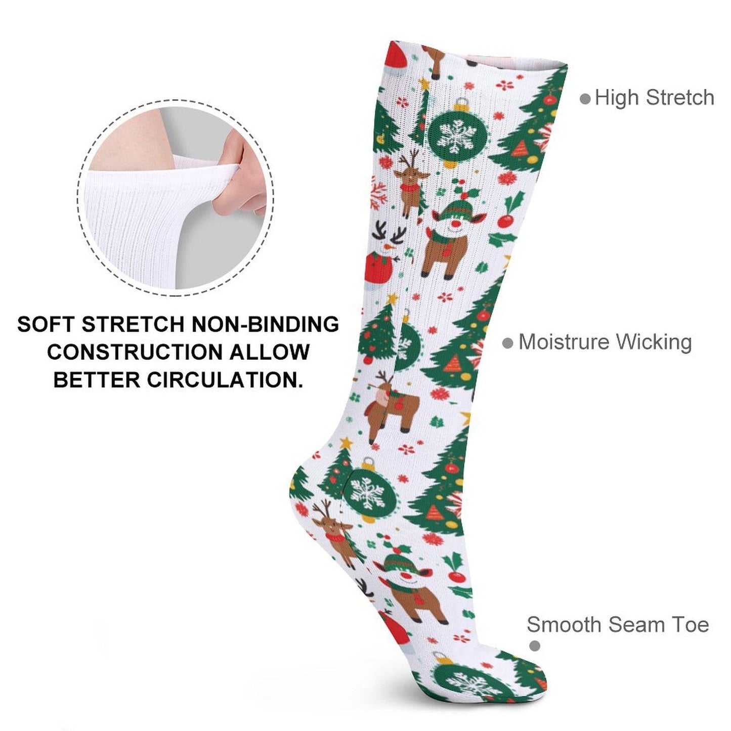 Chaussettes montantes blanches Noël | Rennes, sapins et boules | Respirantes & stretch | Mode inclusive Big Smiles