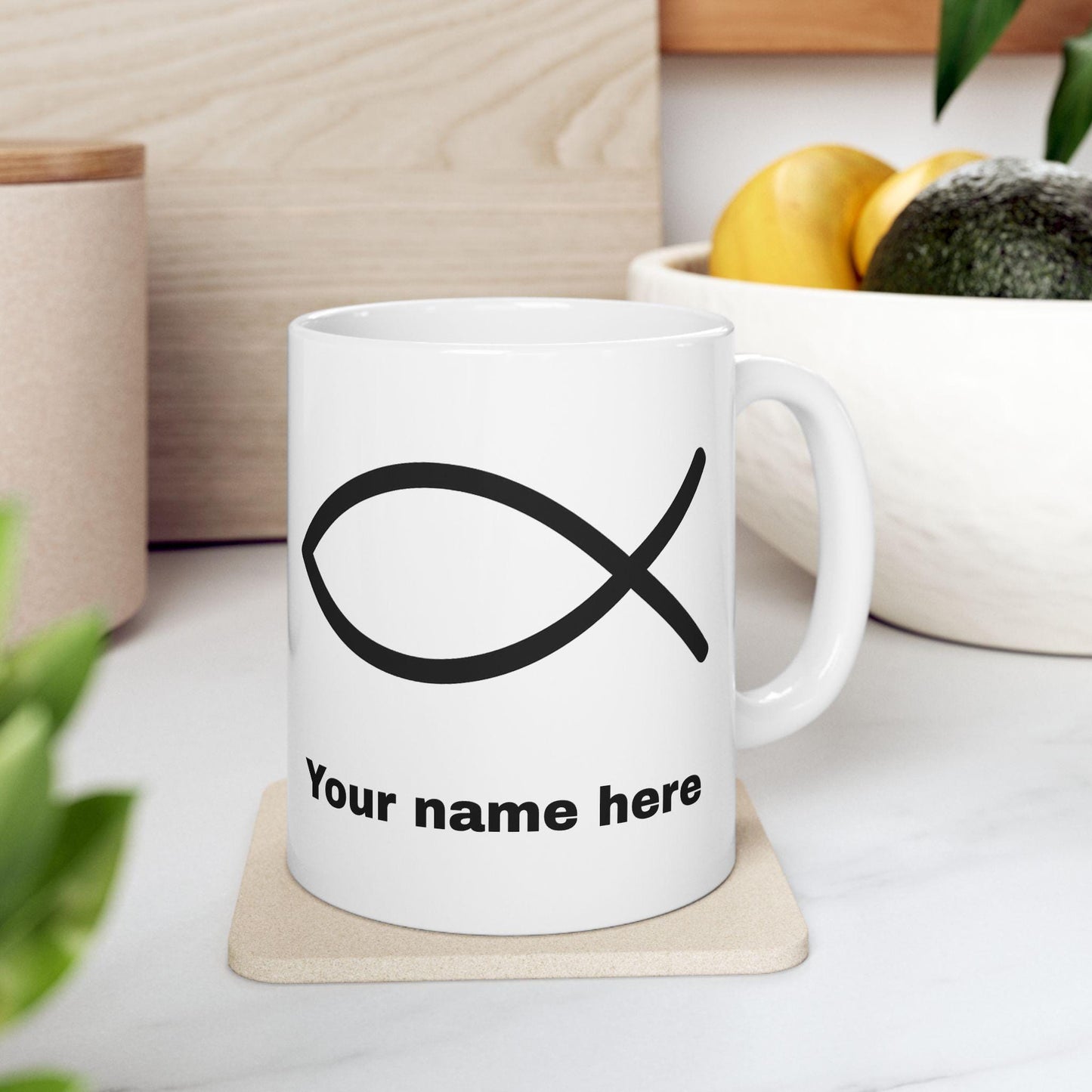 Mug chrétien personnalisable Ichthys – céramique brillante, 11oz/15oz, micro-ondes & lave-vaisselle