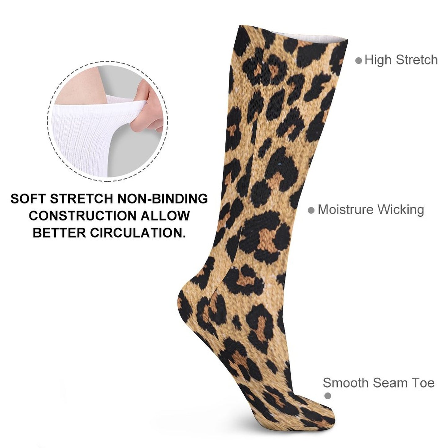 Chaussettes montantes léopard sable – respirantes, anti-glisse & confort mollets – impression all-over | Big Smiles