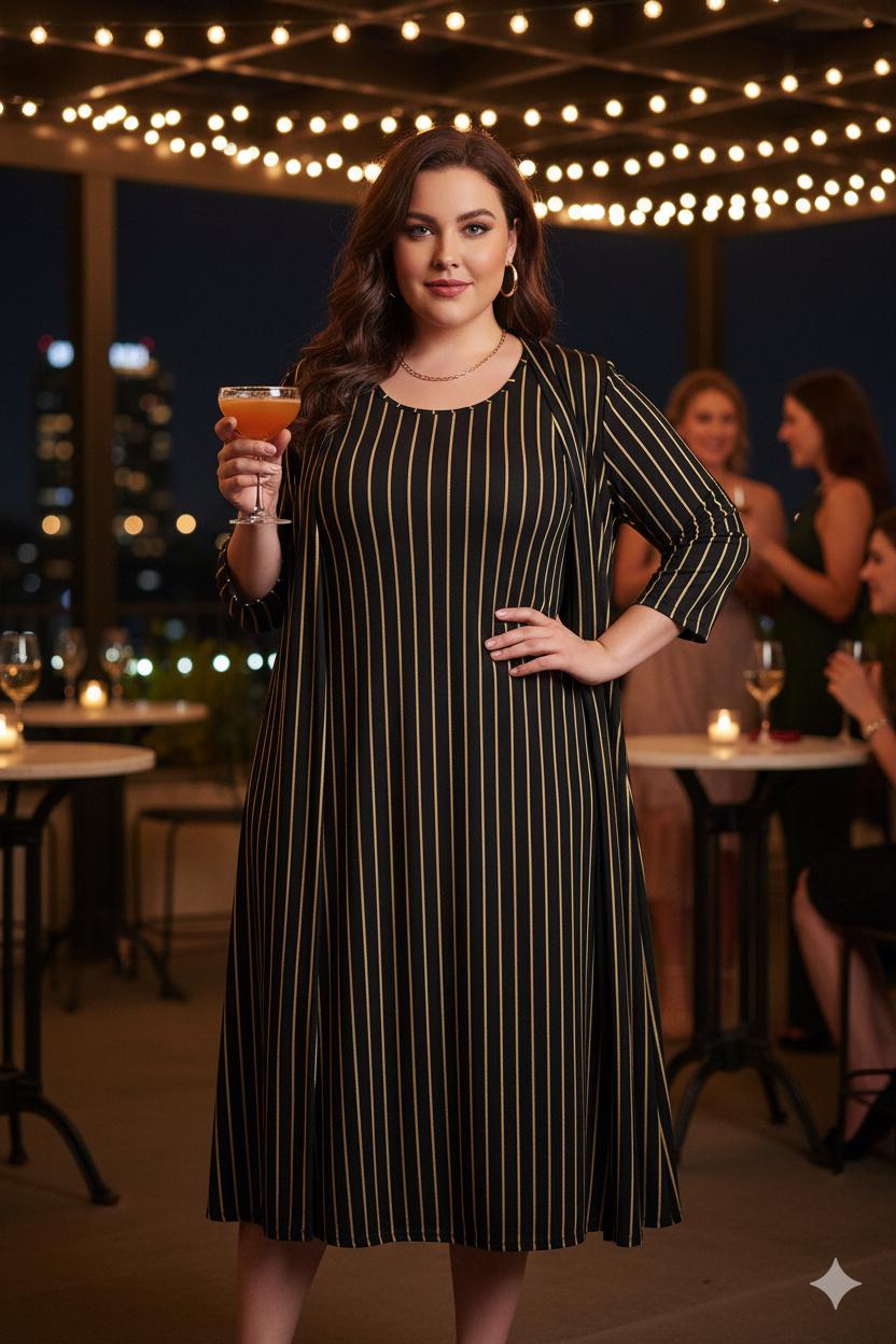 Tailles S - 5XL |Ensemble robe & cardigan long | noir à fines rayures dorées | invitée, cocktail, vacances