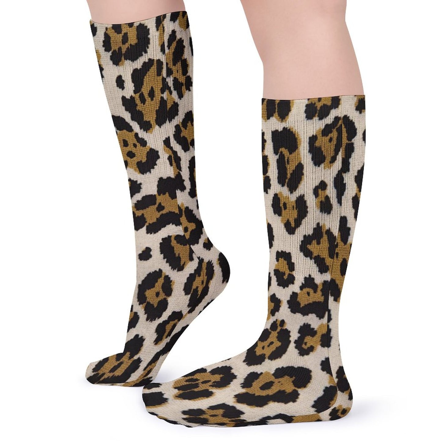 Chaussettes montantes léopard beige – respirantes, anti-glisse & confort mollets – impression all-over | Big Smiles