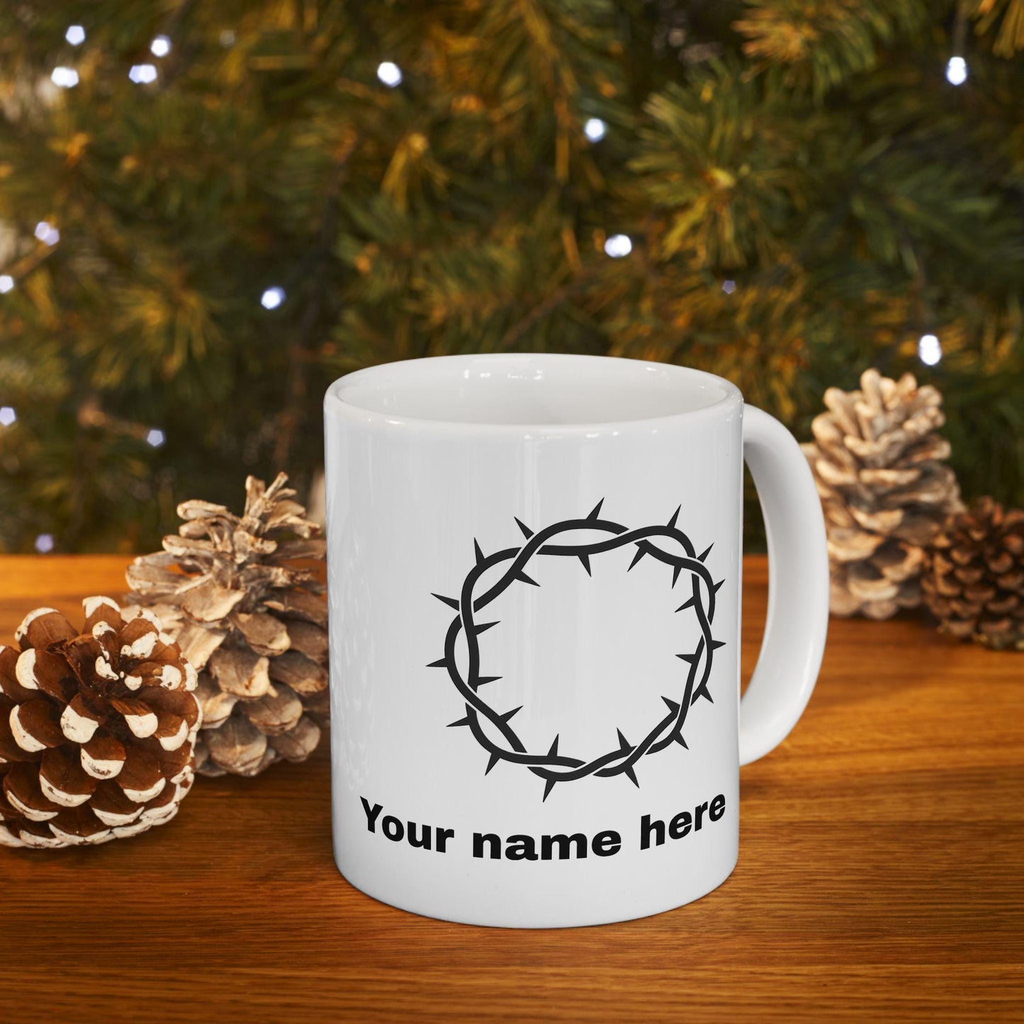 Mug chrétien personnalisable – Couronne d’Épines, céramique brillante 11oz/15oz, micro-ondes & lave-vaisselle