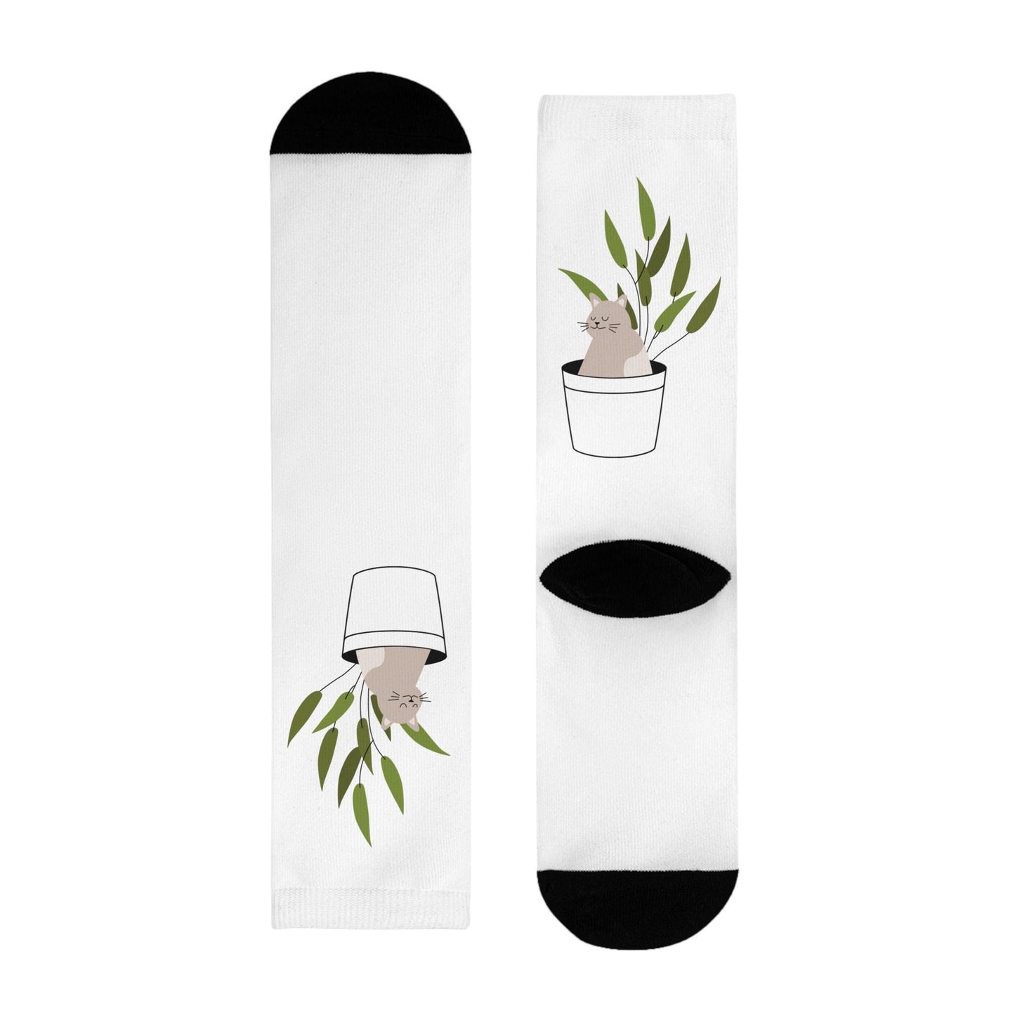 Chaussettes « Cat Plant » – crew sublimées, motif chat & plante, cadeau mignon
