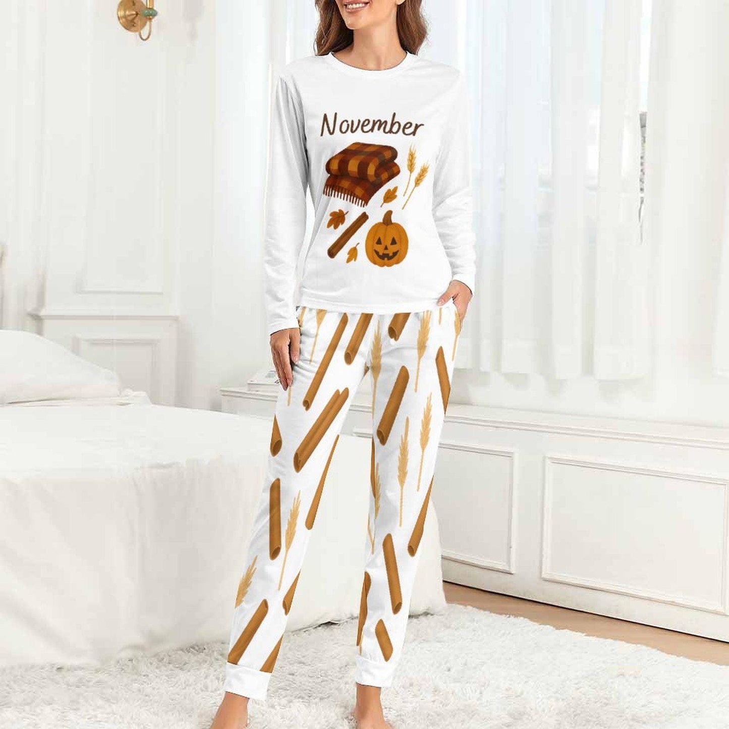 tailles XS - 6XL Pyjama femme novembre automne, ensemble deux pièces, pyjama cosy avec cannelle et citrouille,