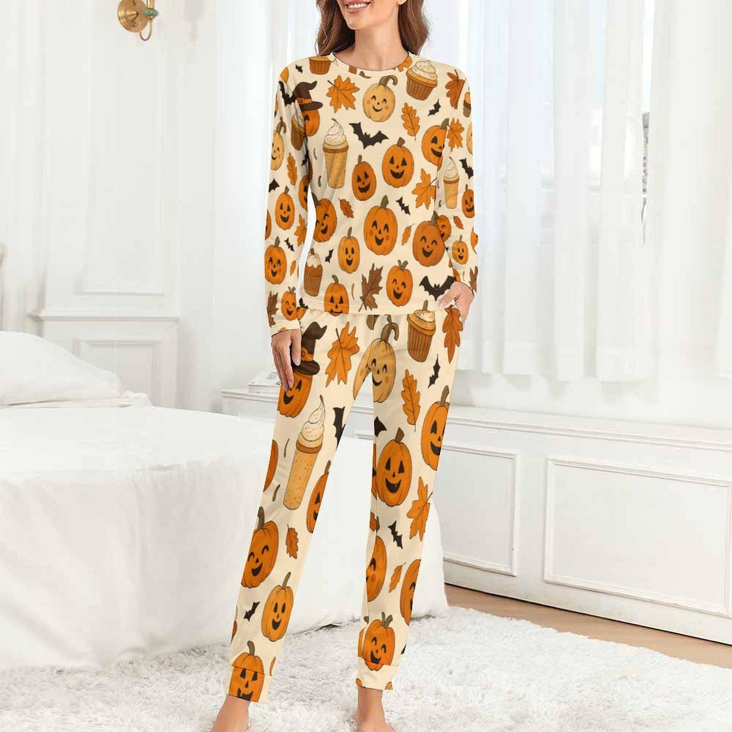 tailles XS - 6XL Pyjama femme Halloween, ensemble deux pièces cosy, motif citrouilles et chauves-souris all-over,