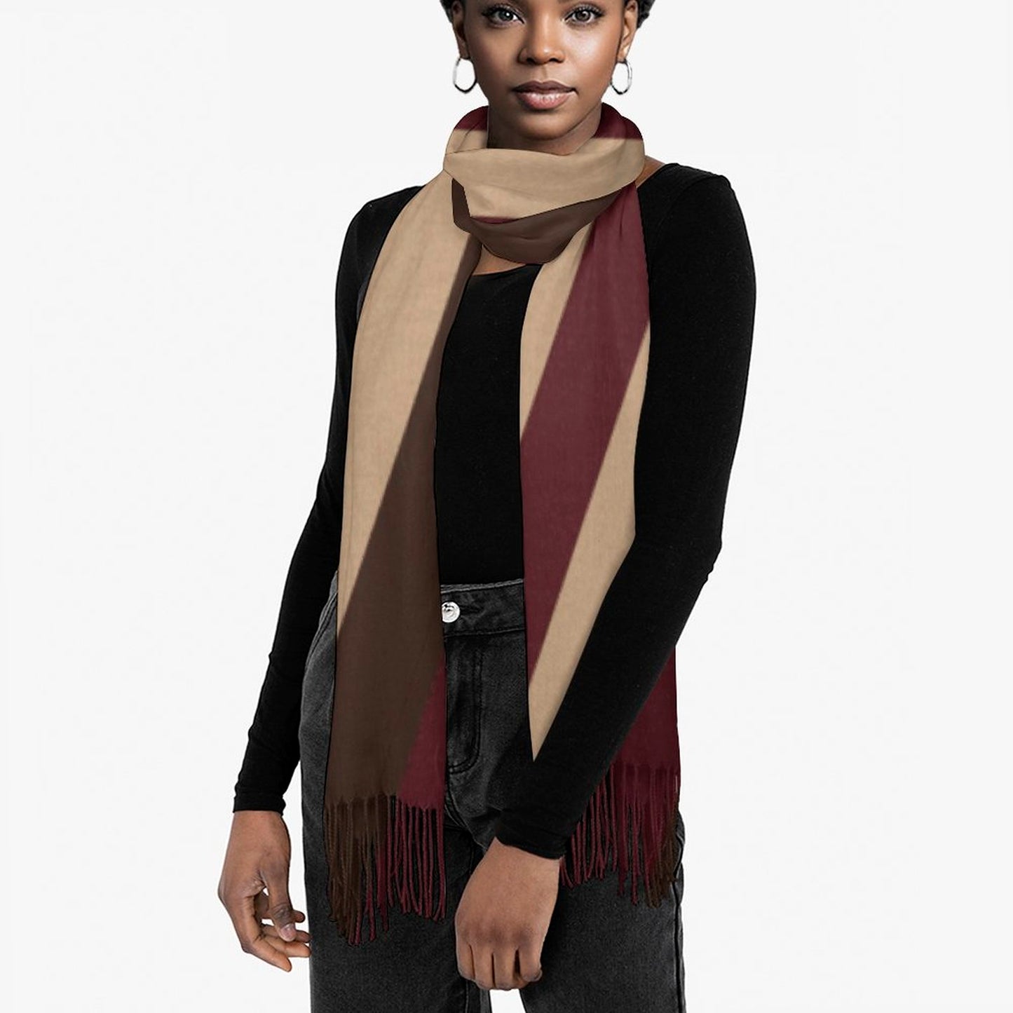 Écharpe à franges façon cachemire – imprimé intégral bordeaux & beige | Big Smiles