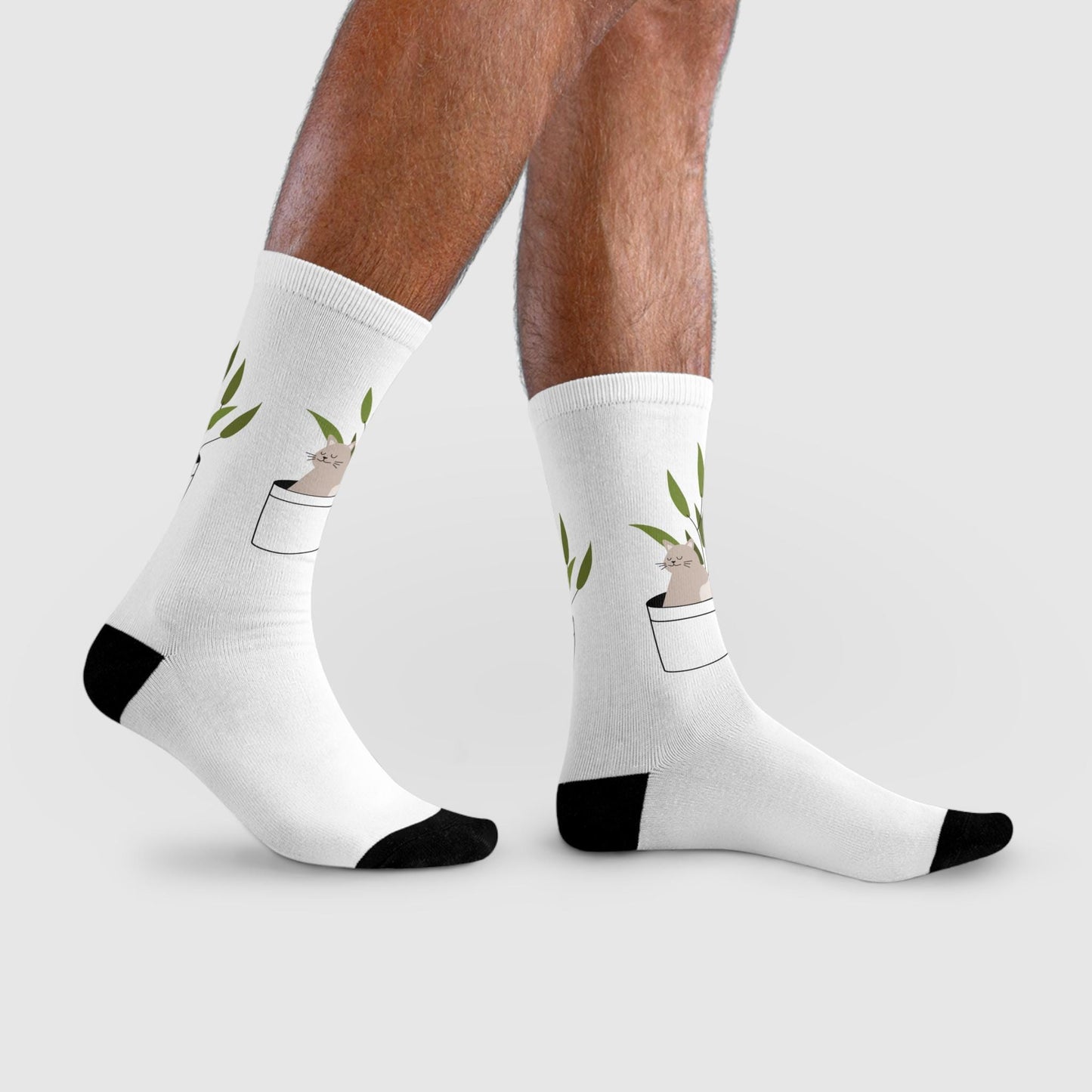 Chaussettes « Cat Plant » – crew sublimées, motif chat & plante, cadeau mignon