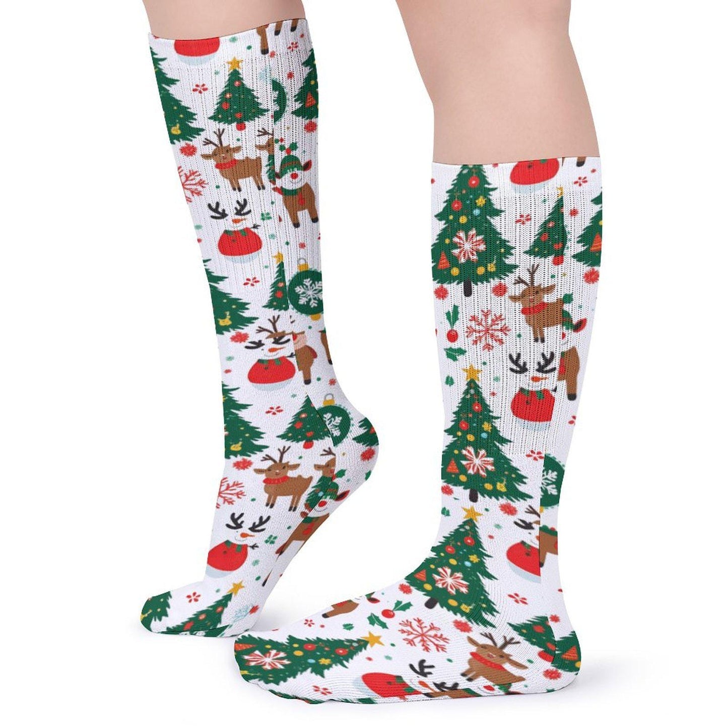 Chaussettes montantes blanches Noël | Rennes, sapins et boules | Respirantes & stretch | Mode inclusive Big Smiles