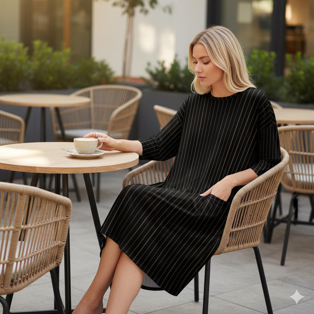 tailles S - 5XL Robe ample manches longues avec poches | noir à fines rayures dorées | imprimé intégral