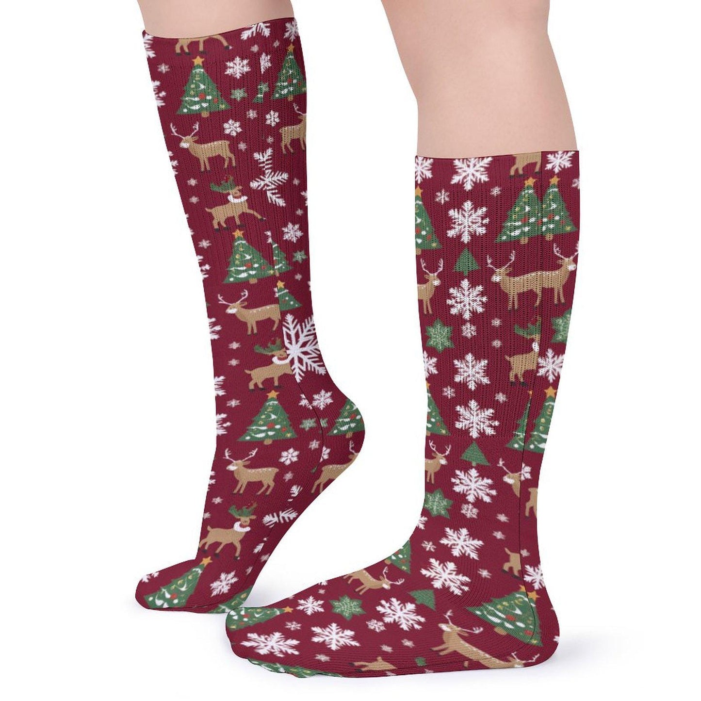 Chaussettes montantes bordeaux Noël | Rennes, flocons et sapins | Respirantes & stretch | Mode inclusive Big Smiles