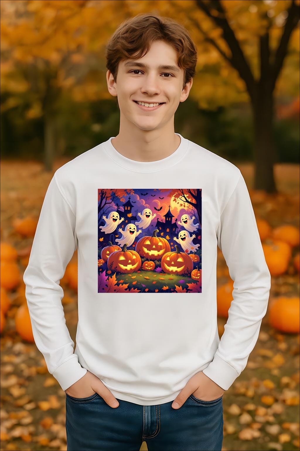 T-shirt pour les jeunes Halloween manches longues performance, fantômes & citrouilles