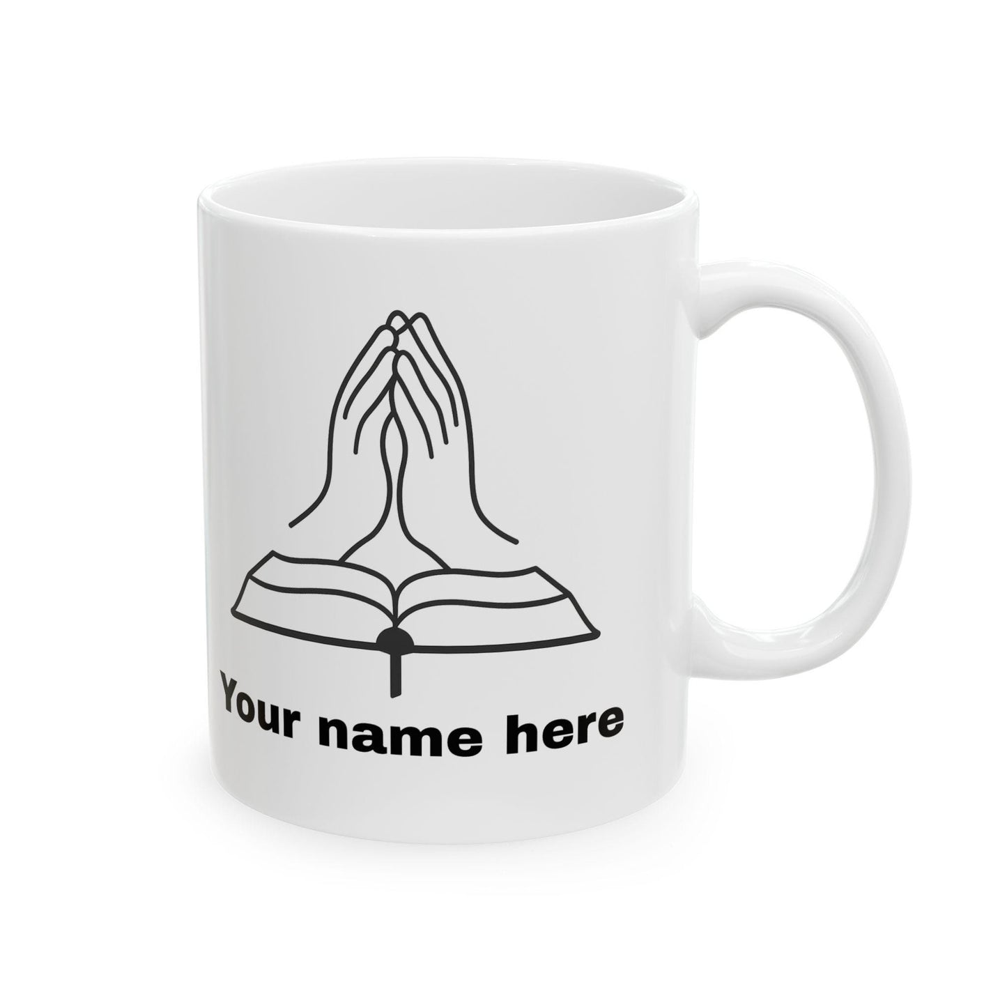 Mug chrétien personnalisable – Mains en prière et Bible, céramique brillante 11oz/15oz, micro-ondes & lave-vaisselle