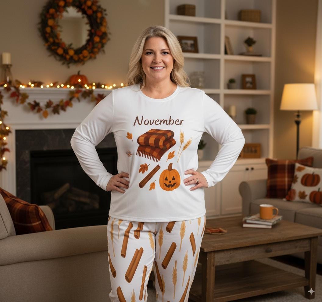 tailles XS - 6XL Pyjama femme novembre automne, ensemble deux pièces, pyjama cosy avec cannelle et citrouille,