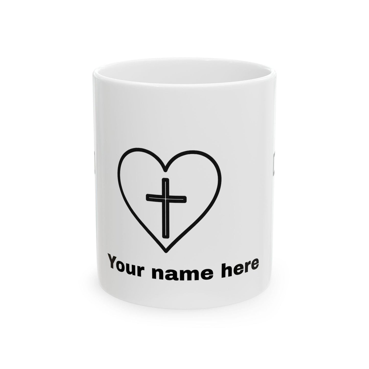 Mug chrétien personnalisable – Cœur et Croix, céramique brillante 11oz/15oz, micro-ondes & lave-vaisselle