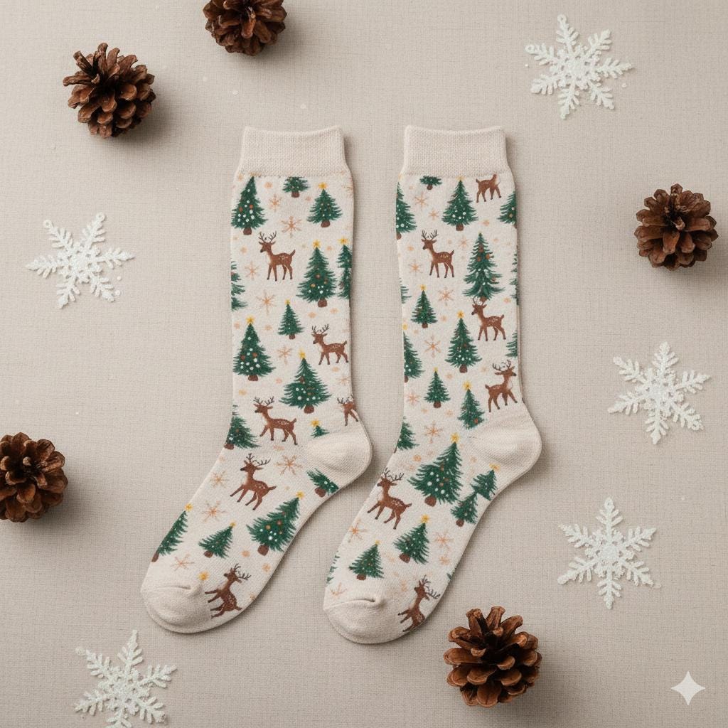 Chaussettes montantes crème Noël | Rennes, sapins et flocons | Respirantes & stretch | Mode inclusive Big Smiles