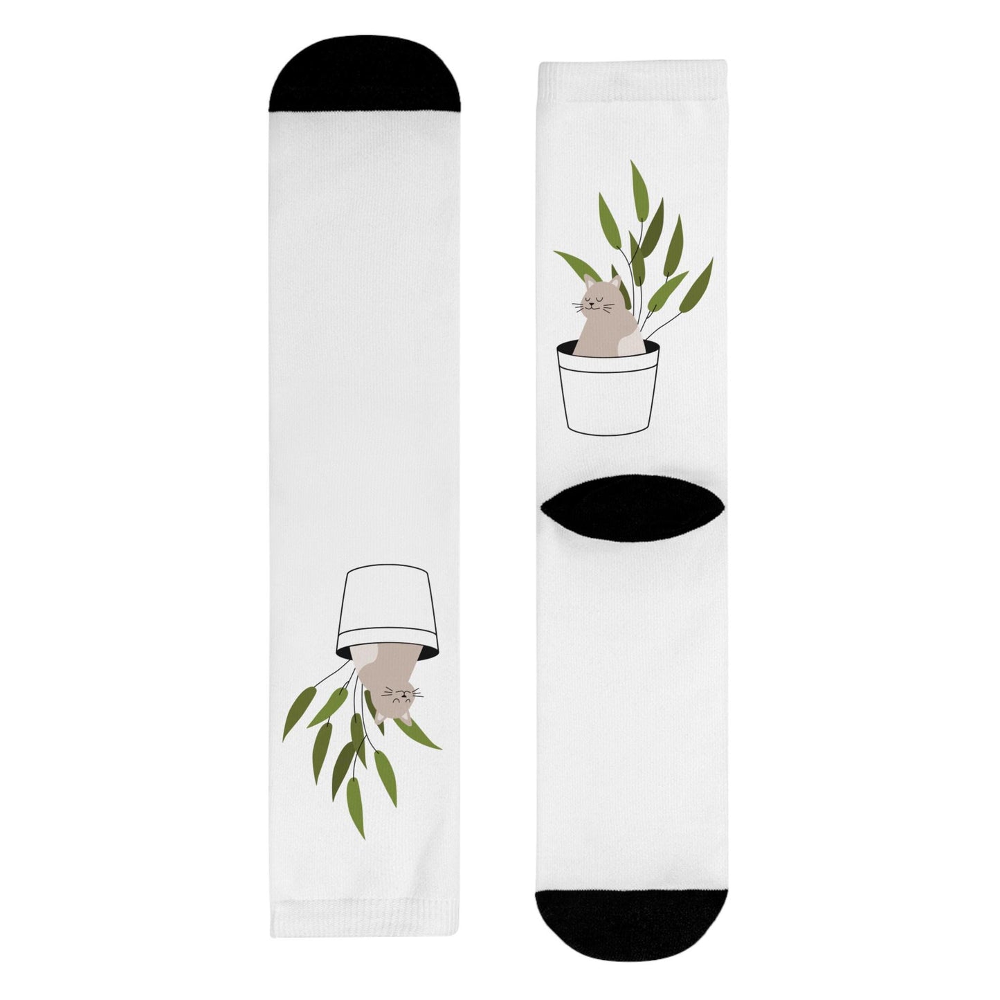 Chaussettes « Cat Plant » – crew sublimées, motif chat & plante, cadeau mignon