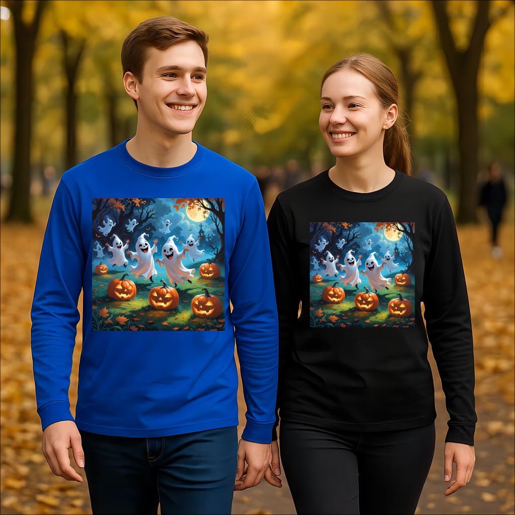 T-shirt pour les jeunes Halloween manches longues fantômes & citrouilles — respirant