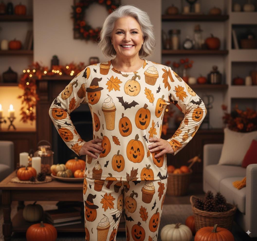 tailles XS - 6XL Pyjama femme Halloween, ensemble deux pièces cosy, motif citrouilles et chauves-souris all-over,