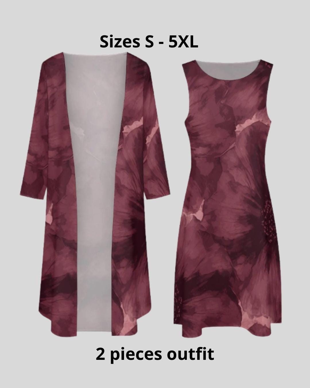 Ensemble 2 pièces S–5XL | Robe longue sans manches + gilet long | Motif floral bordeaux élégant