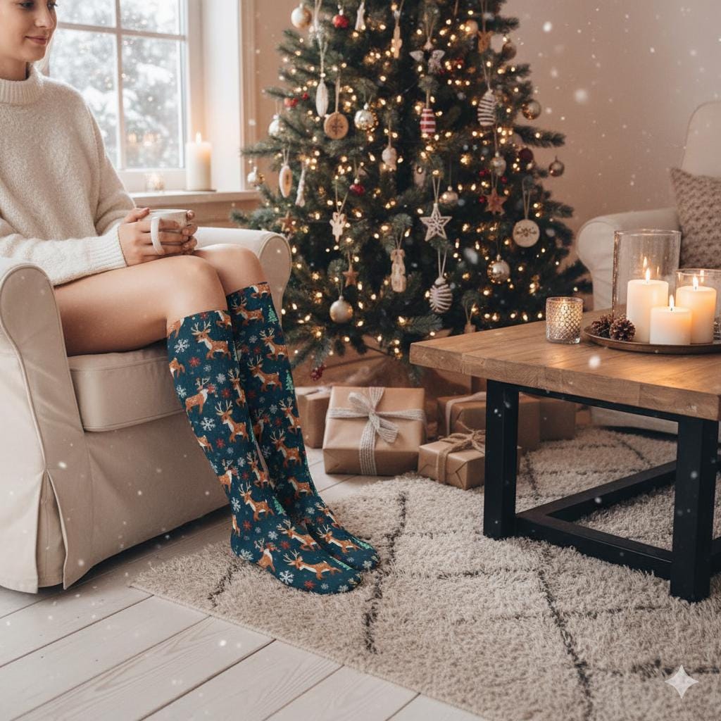 Chaussettes hautes de Noël rennes – unisexes, 40 cm, respirantes, maintien doux | Big Smiles inclusif