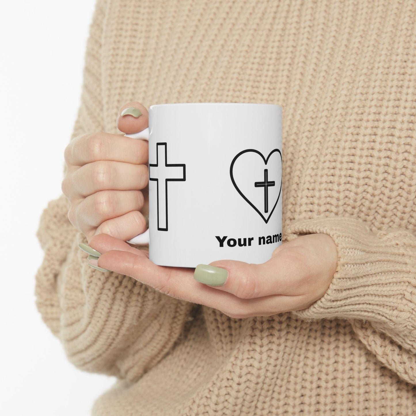 Mug chrétien personnalisable – Cœur et Croix, céramique brillante 11oz/15oz, micro-ondes & lave-vaisselle