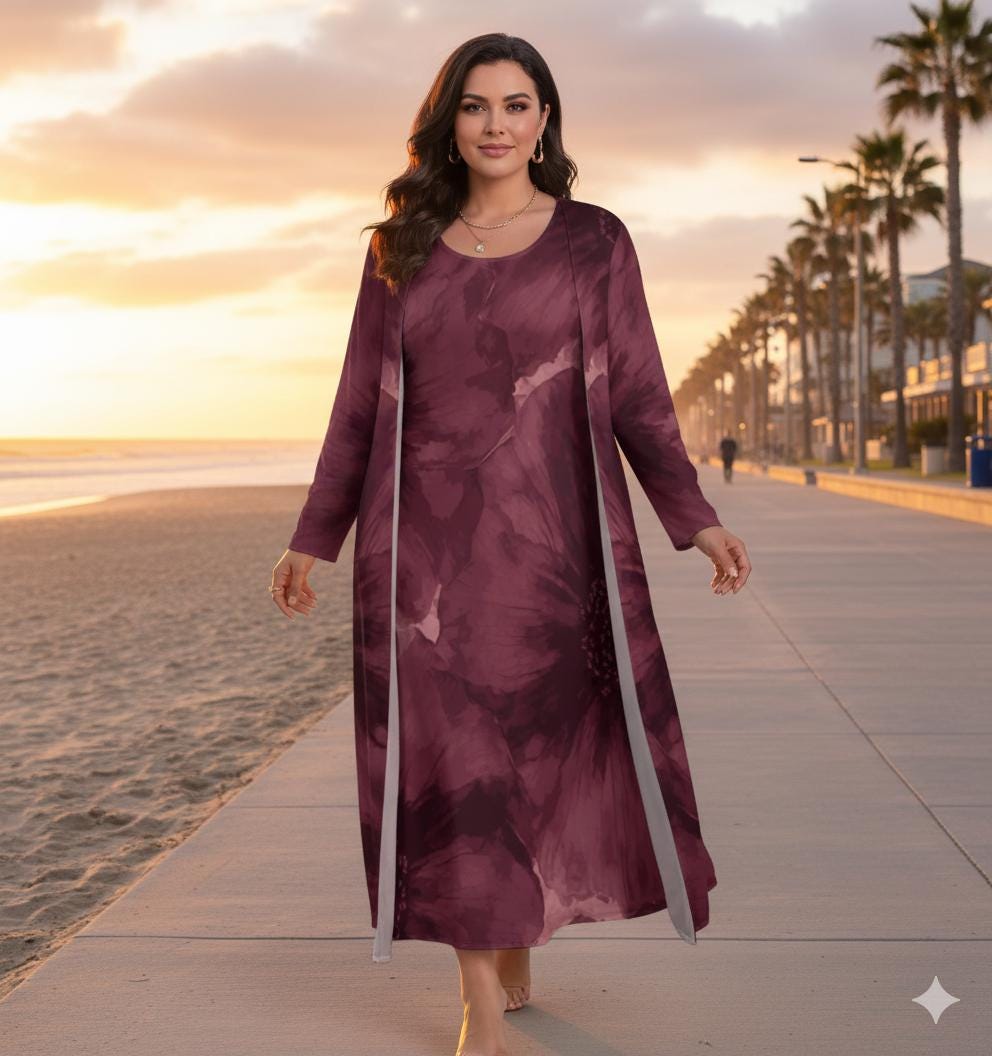 Ensemble 2 pièces S–5XL | Robe longue sans manches + gilet long | Motif floral bordeaux élégant
