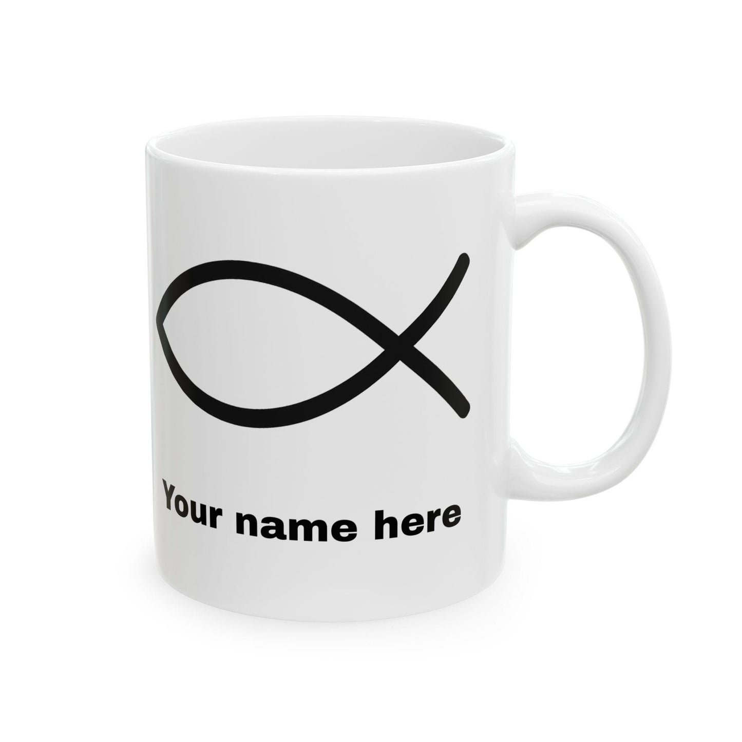 Mug chrétien personnalisable Ichthys – céramique brillante, 11oz/15oz, micro-ondes & lave-vaisselle