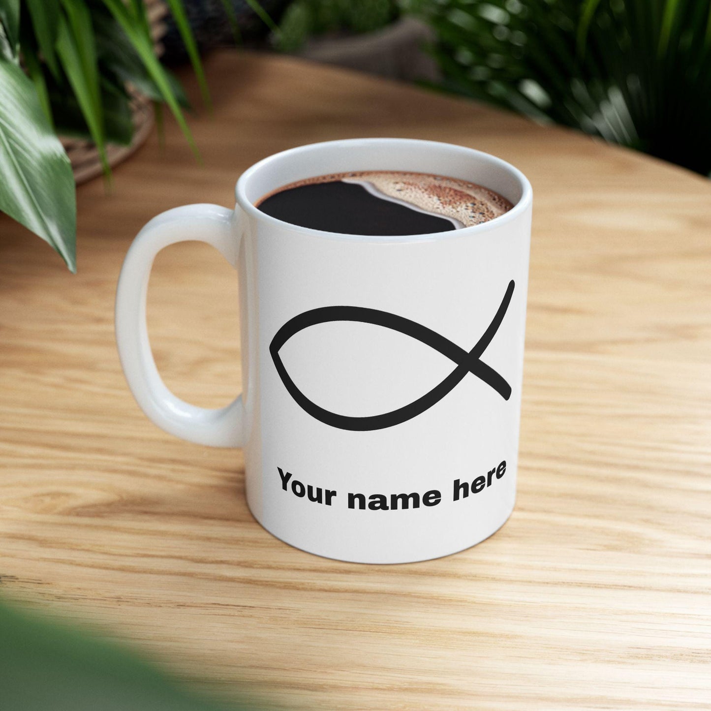 Mug chrétien personnalisable Ichthys – céramique brillante, 11oz/15oz, micro-ondes & lave-vaisselle