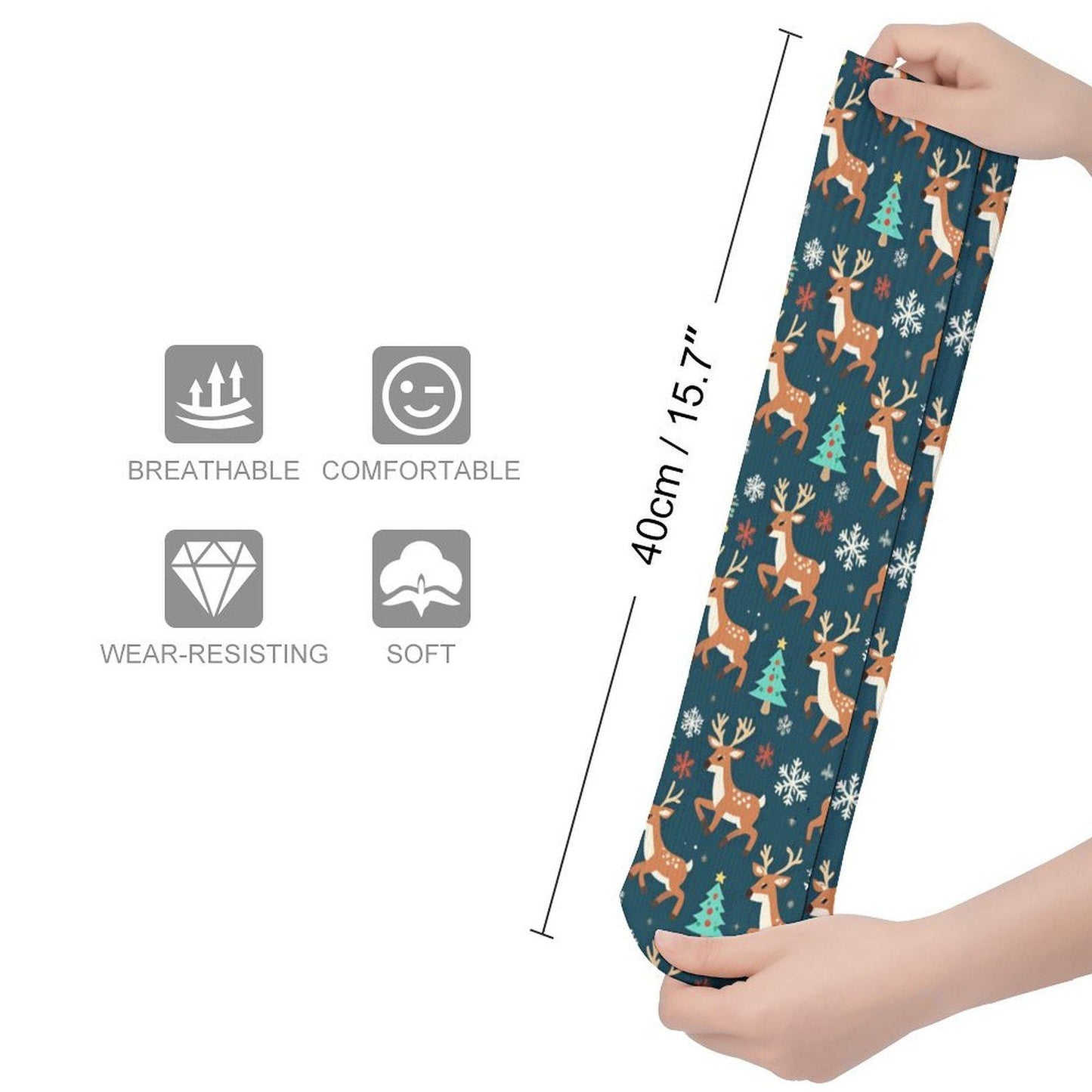 Chaussettes hautes de Noël rennes – unisexes, 40 cm, respirantes, maintien doux | Big Smiles inclusif